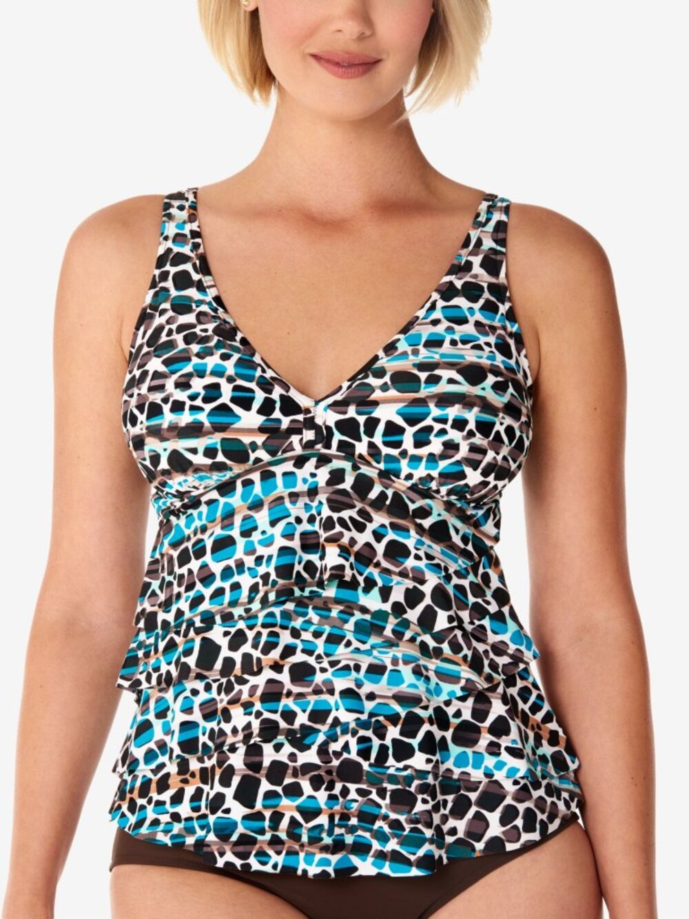 Swim Solutions Womens Printed V Neck Ruffled Tankini Top